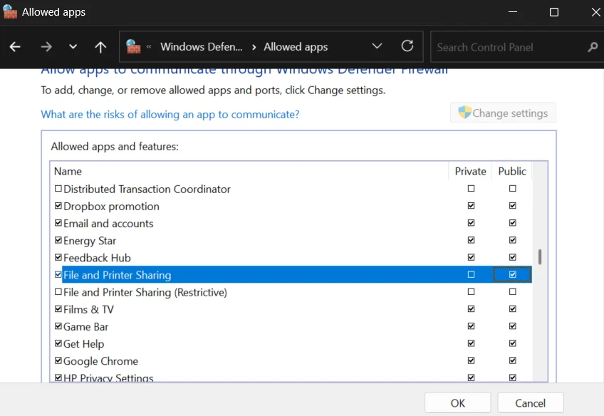 Tick the Public box next to File and Printer Sharing in Windows Firewall settings