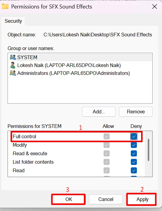 Select Full Control permission and click Apply then OK