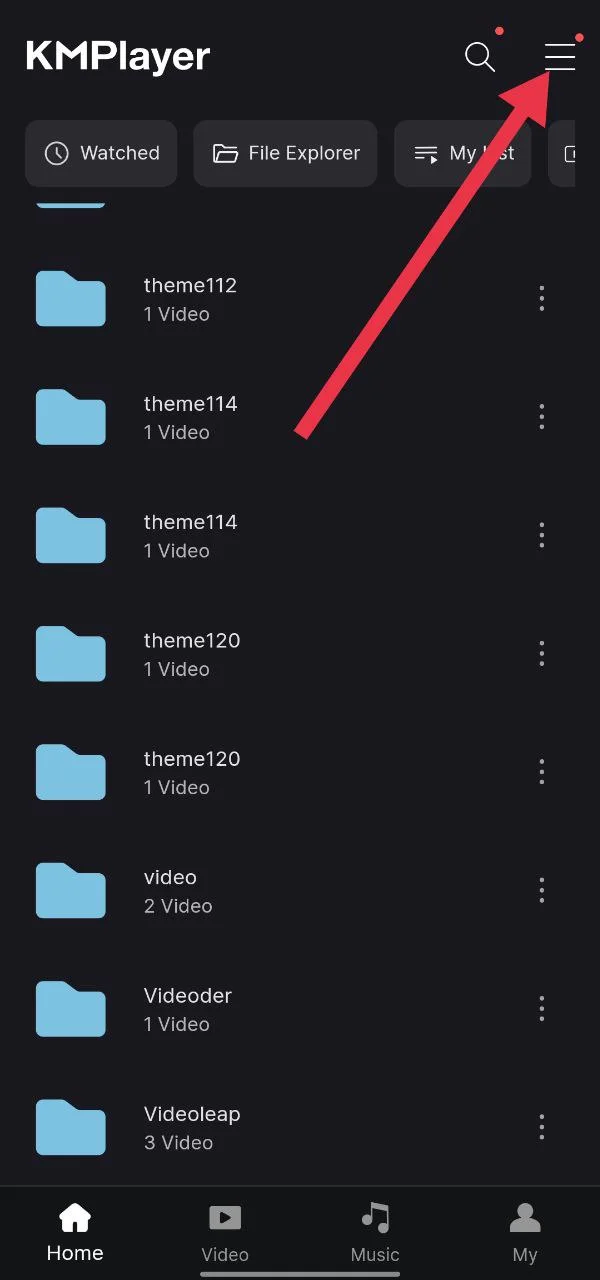 KMPlayer app menu button on Android player screen