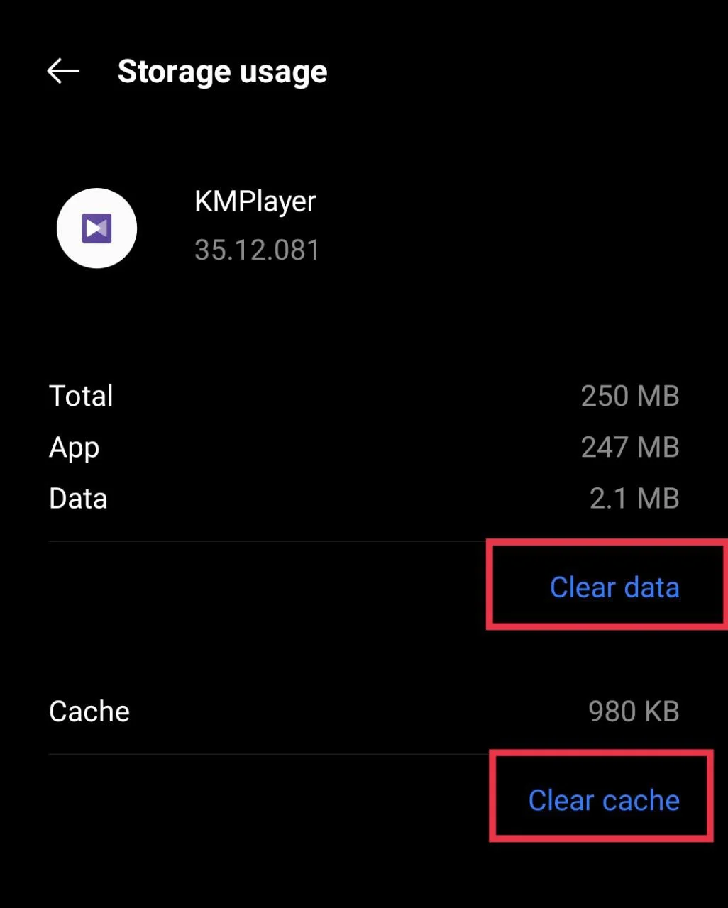Clear cache and clear data options for KMPlayer shown in Android app settings