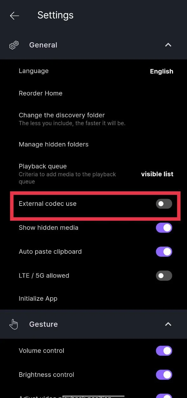 KMPlayer app external codec use option toggled off to switch back to internal decoding