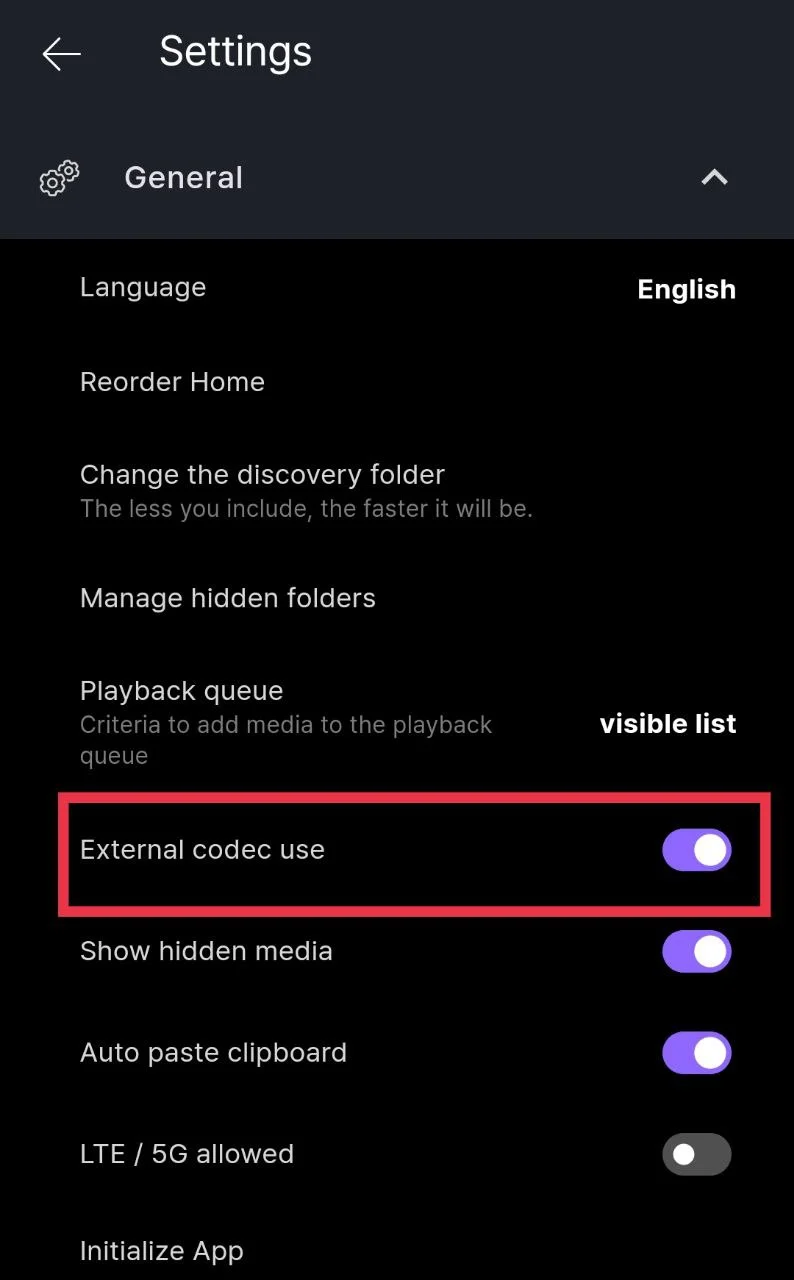 KMPlayer app external codec use option toggled on in settings