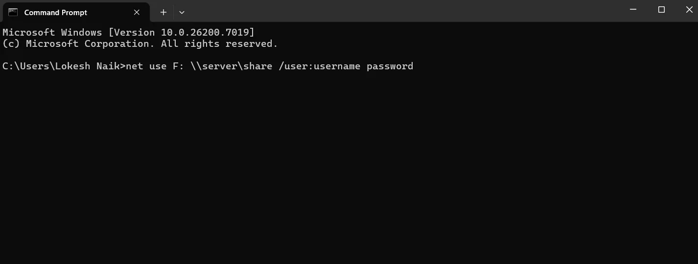 Use the net use F server share command with username and password to map a network drive on Windows