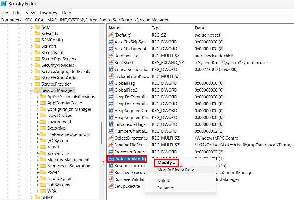Right click ProtectionMode in Registry Editor and select Modify