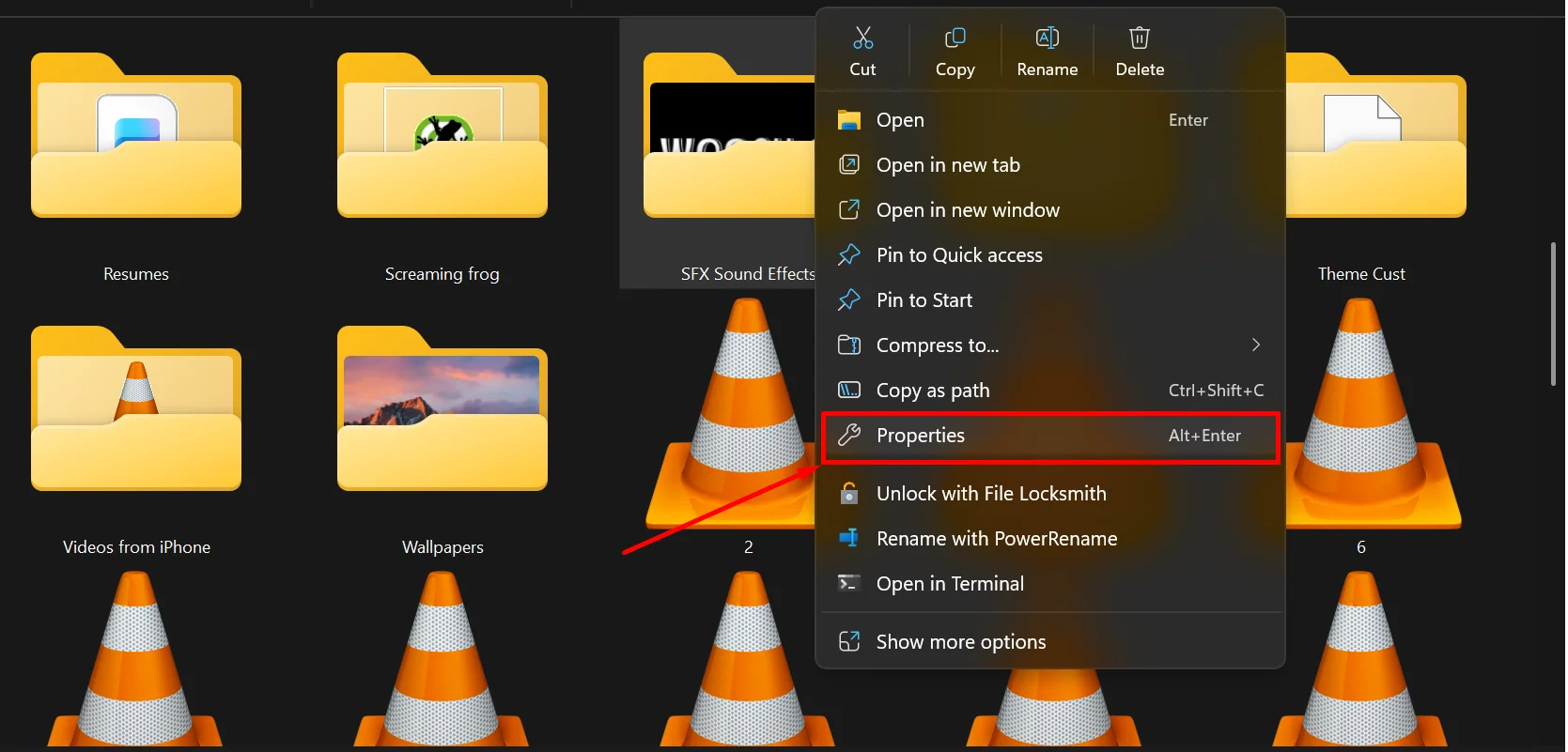 Right click on the folder and choose Properties in Windows