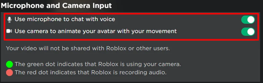 Turn on microphone and camera options under Microphone and Camera Input