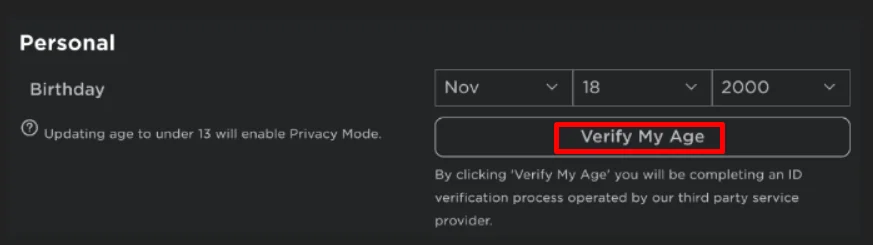 Verify your age in Roblox settings by using the Verify My Age option