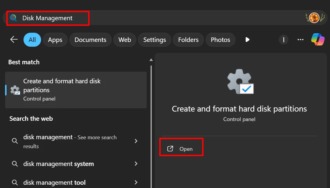 Press Windows and S and type Disk Management to open Disk Management on Windows