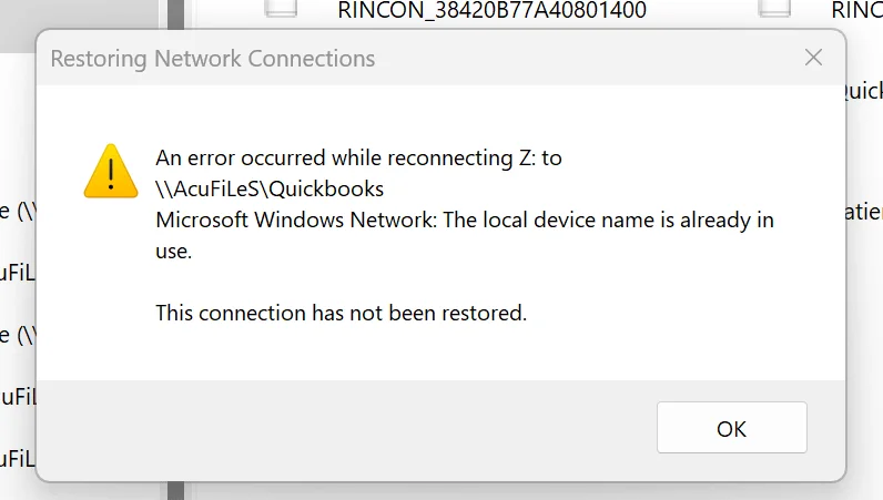 Windows error message showing the local device name is already in use