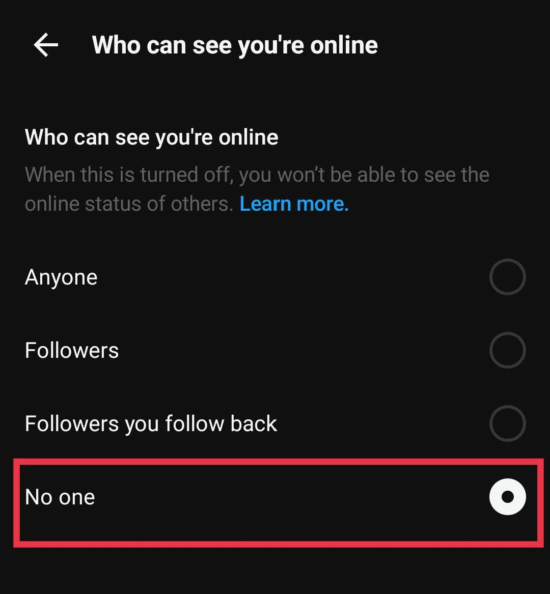 Threads app showing Online Status set to No One