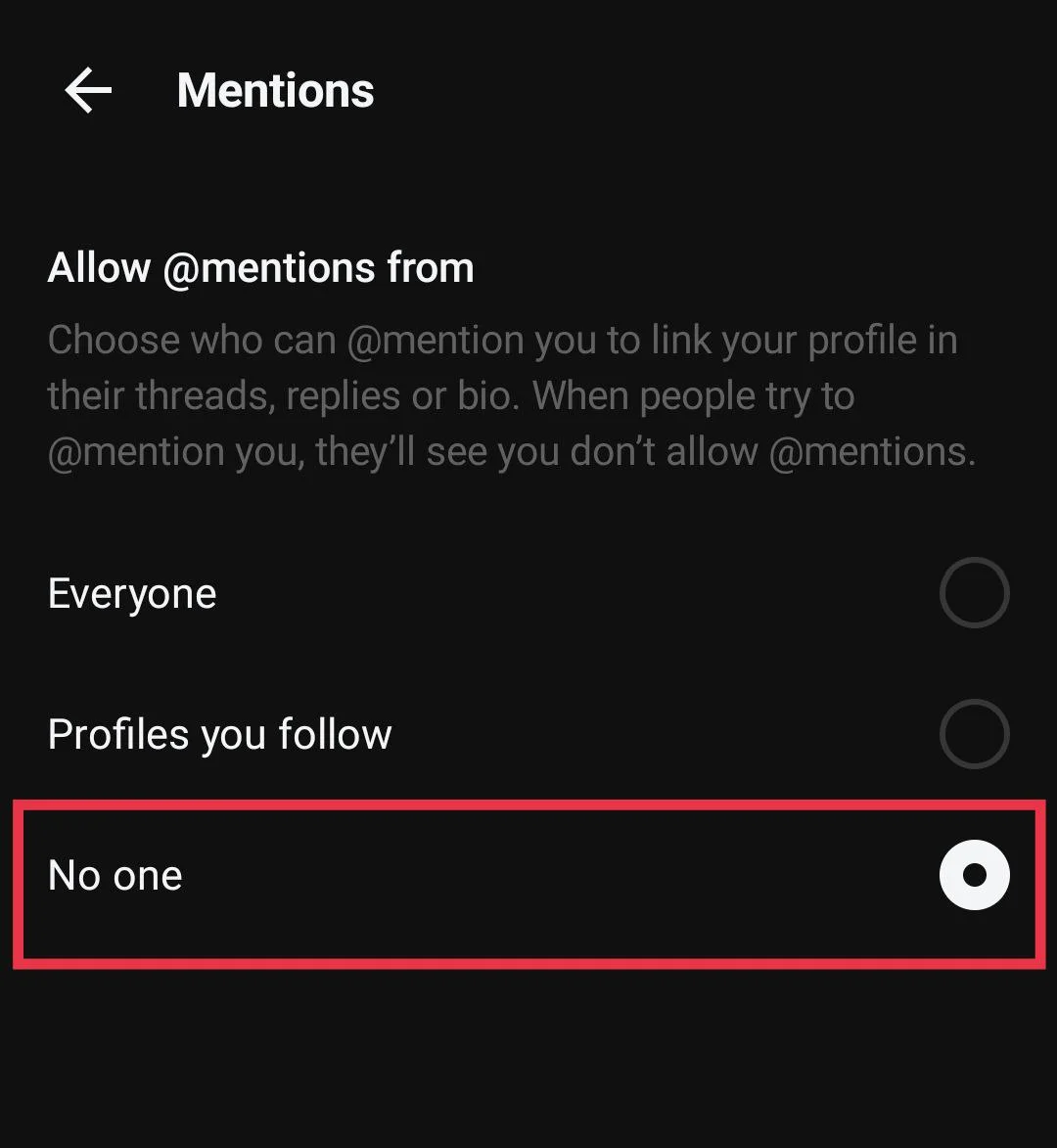 Mentions setting to No One on the Threads app