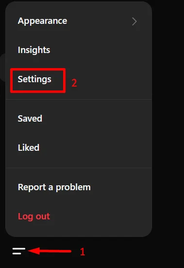 Threads website with the two line menu opened and Settings selected