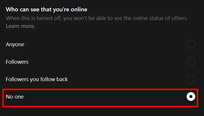 Threads website showing Online Status changed to No One