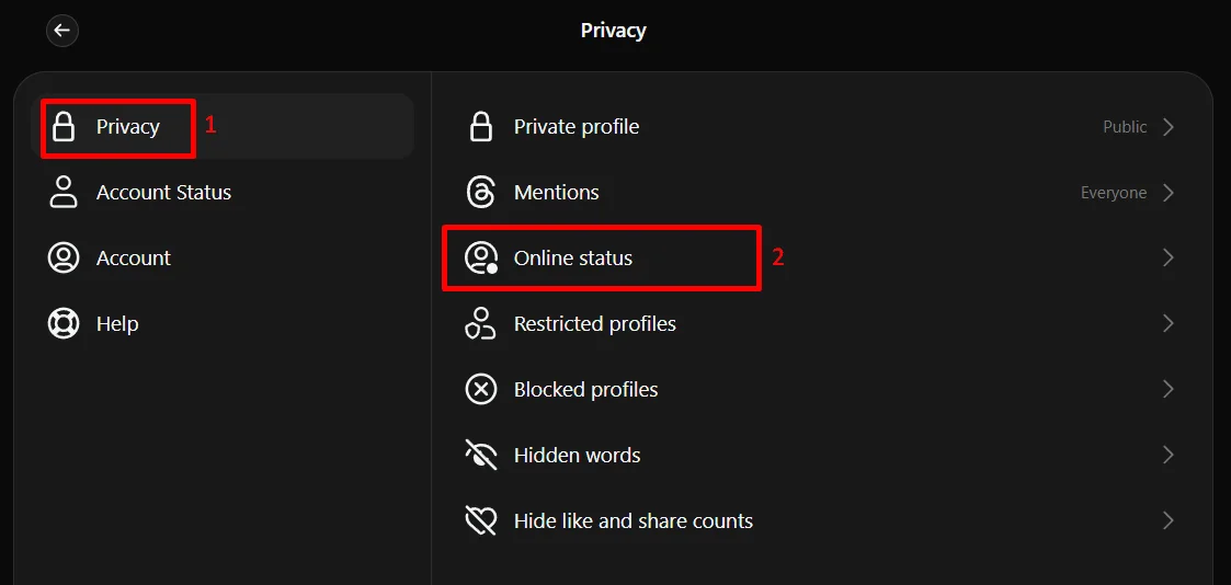 Threads website showing the Privacy section with Online Status selected