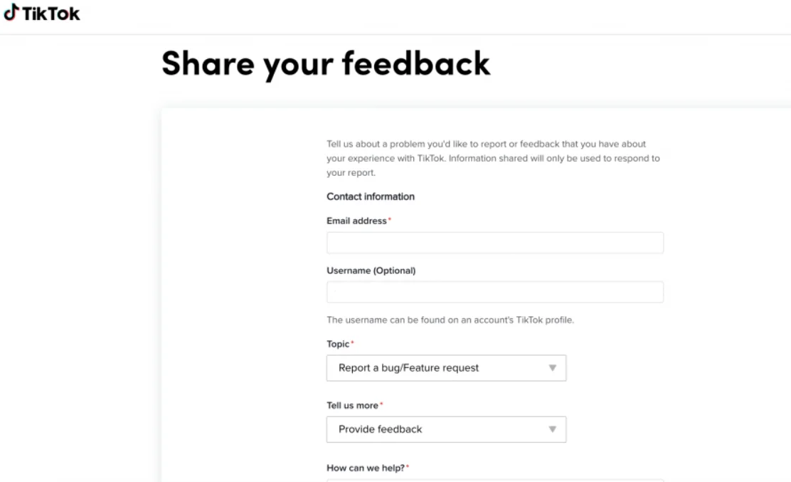 TikTok feedback page
