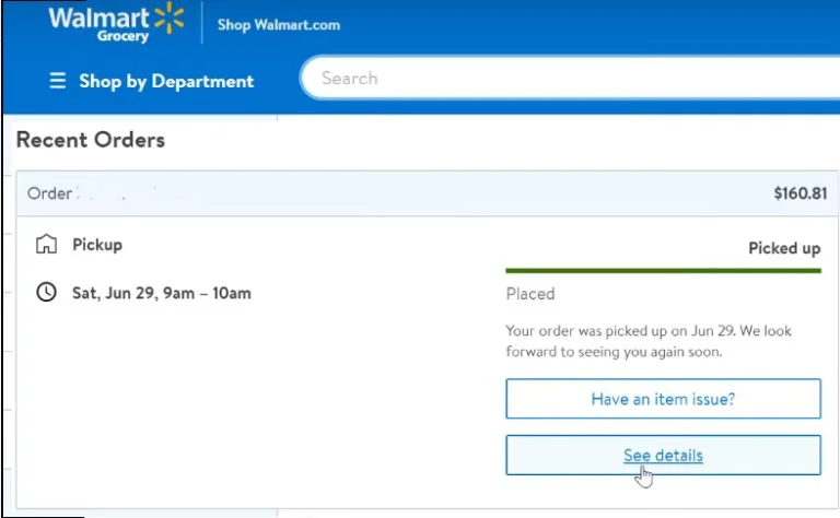 Walmart order page showing the See details button to view full order information