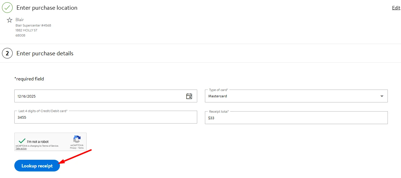 Walmart Receipt Lookup page showing the Lookup Receipt button used to search through the store location system