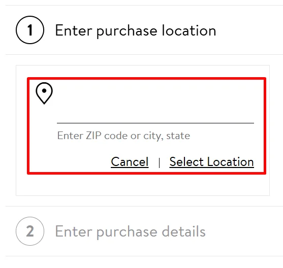Walmart Receipt Lookup page highlighting the fields to choose the state and ZIP code of the store you visited