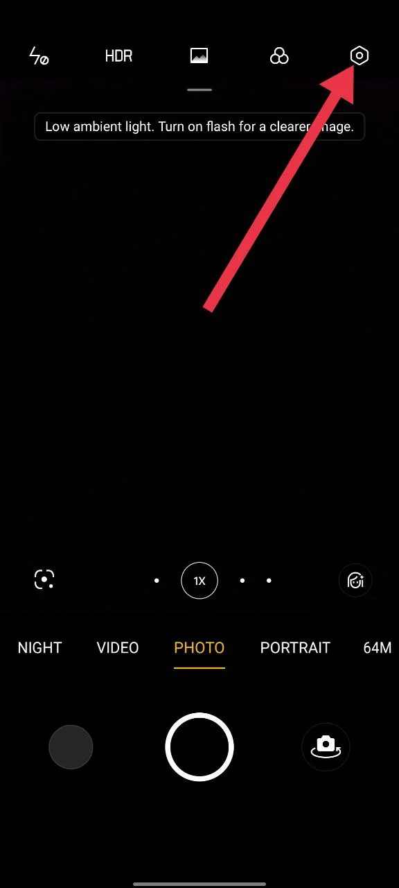 Android camera app showing the settings button used to manage camera sound options