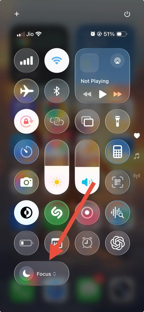 Do Not Disturb Focus mode turned on from iPhone Control Center