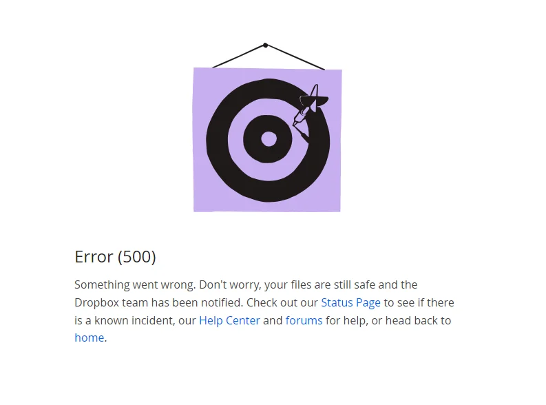 Dropbox web app showing Error 500 something went wrong message on the screen