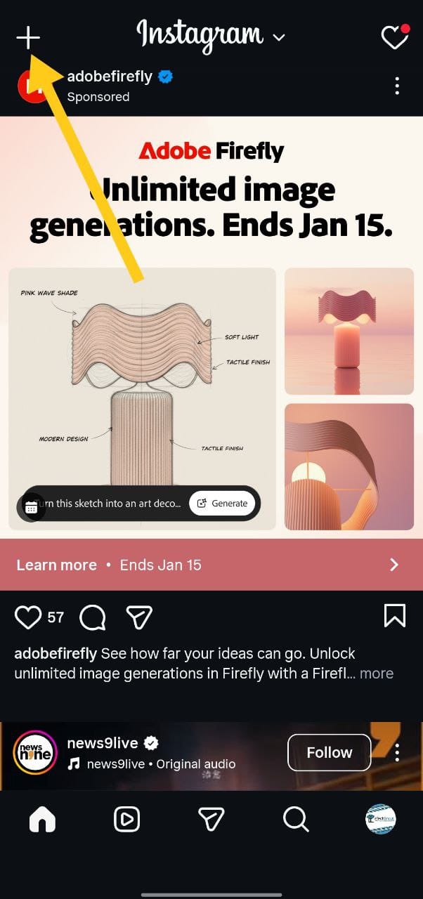 Tap the plus icon in the Instagram app to create a new post