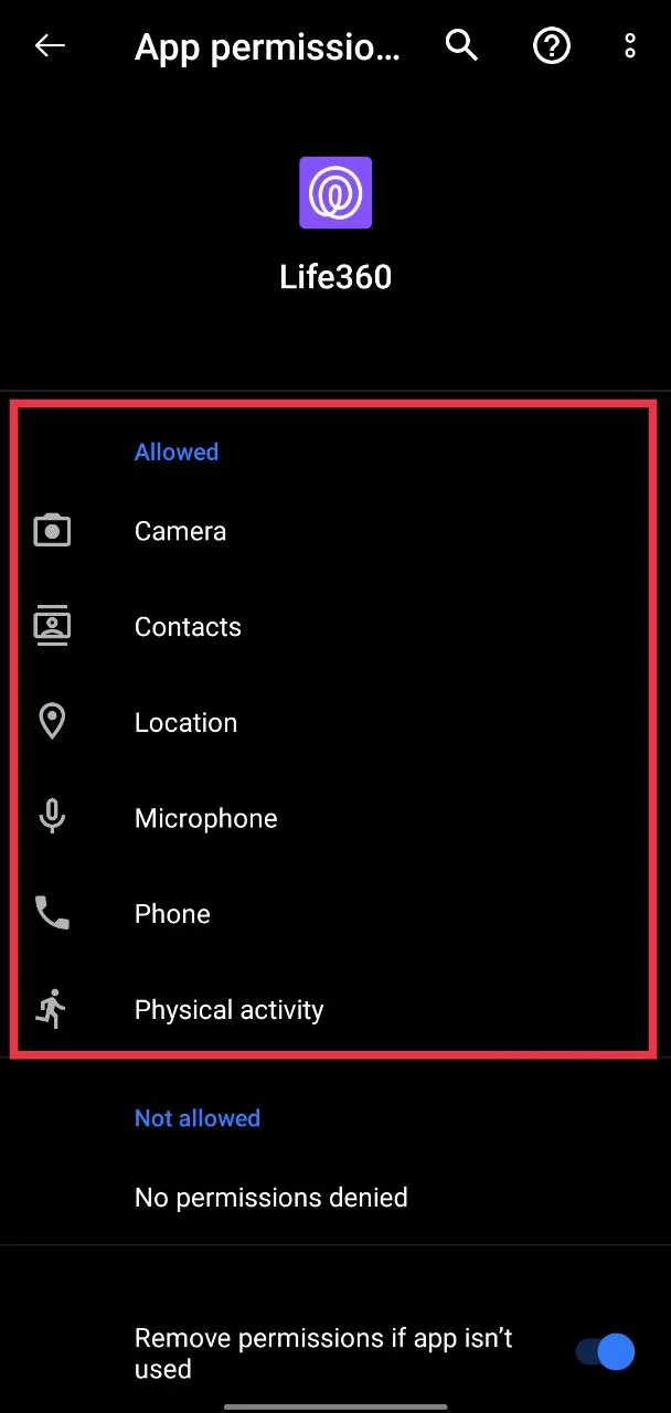 Allow all permissions for Life360 app on Android phone settings