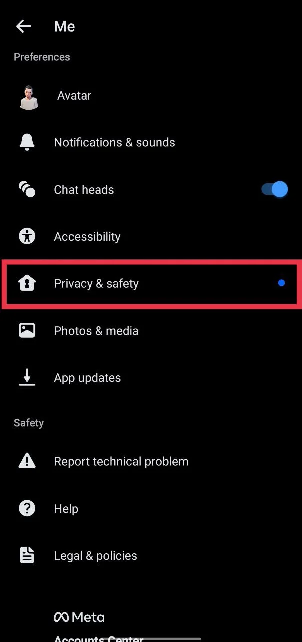 Messenger app privacy and safety settings screen