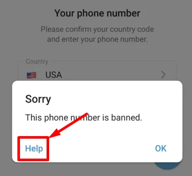 Help button visible on the Telegram ban screen for submitting a request to unblock phone number