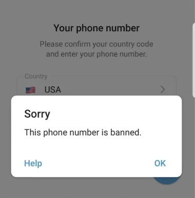 Telegram app showing the error message This phone number is banned on the login screen