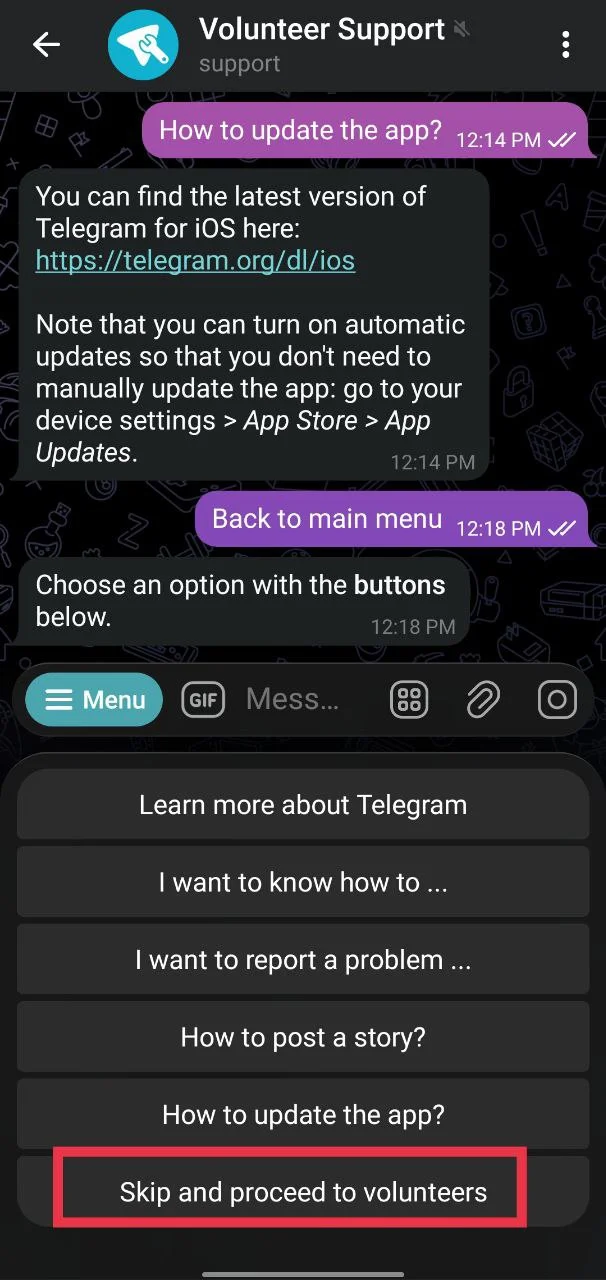 Skip and proceed to Volunteer option in Telegram app