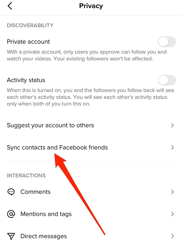 TikTok Sync contacts and Facebook friends option enabled
