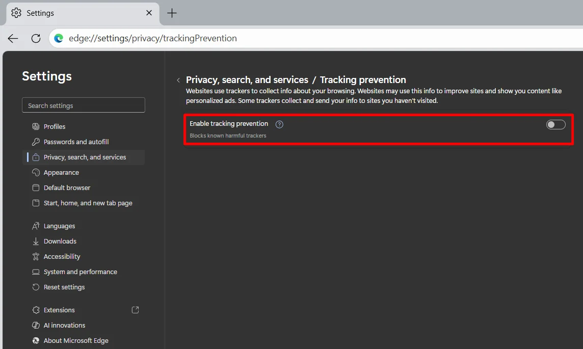 Turn off the tracking prevention option in Microsoft Edge
