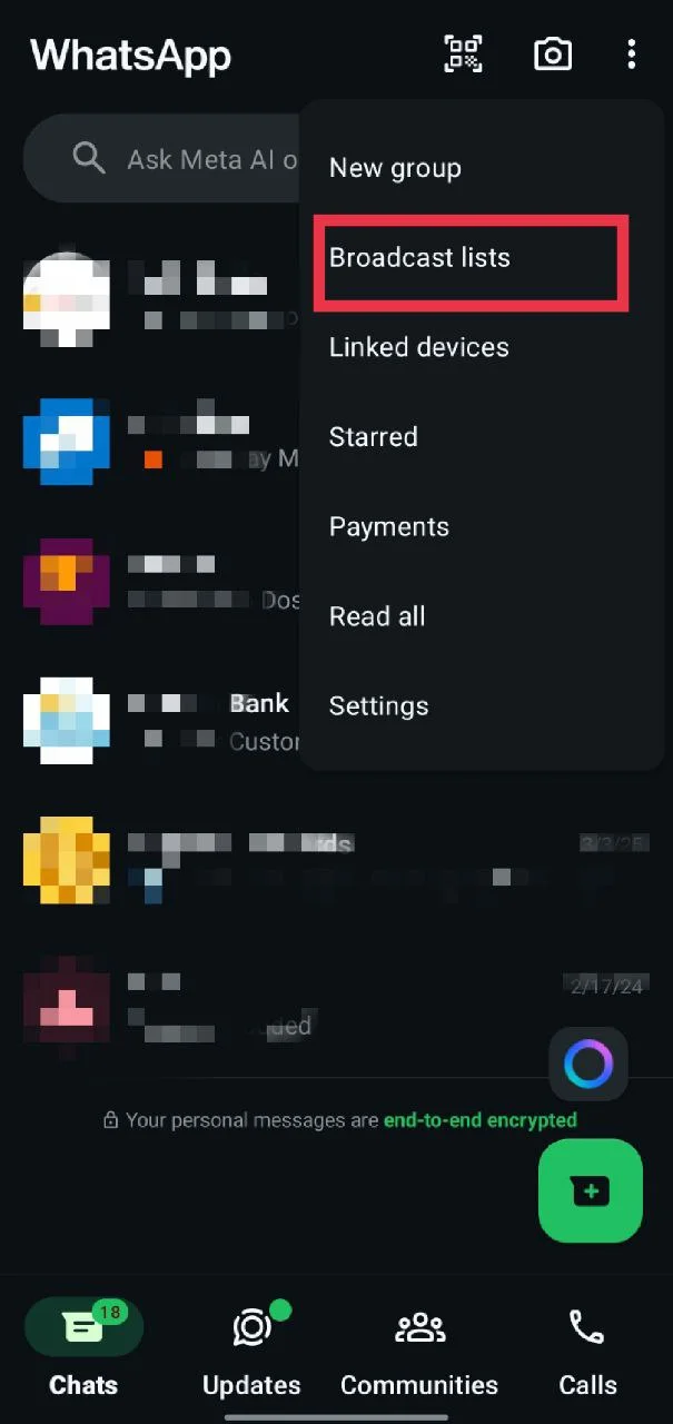 WhatsApp Android Broadcast lists option used to check if your number is saved