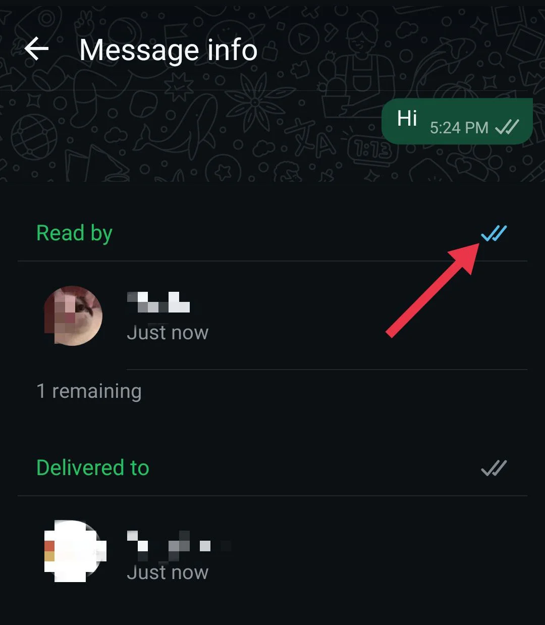 WhatsApp Delivered to and Read by section showing saved contact status