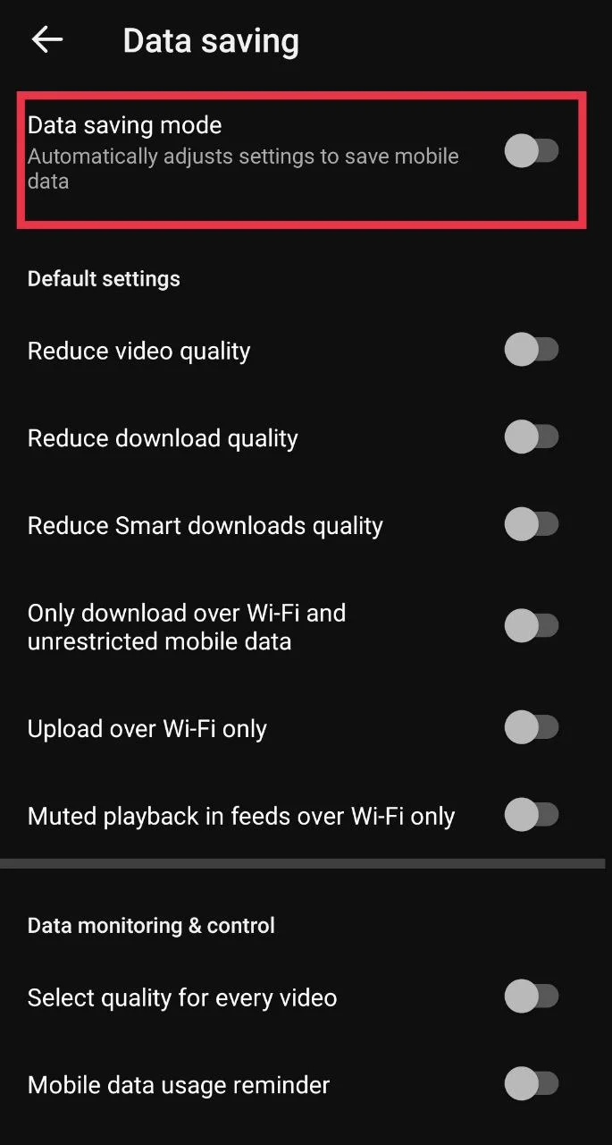 Turn off data saving mode in YouTube app settings