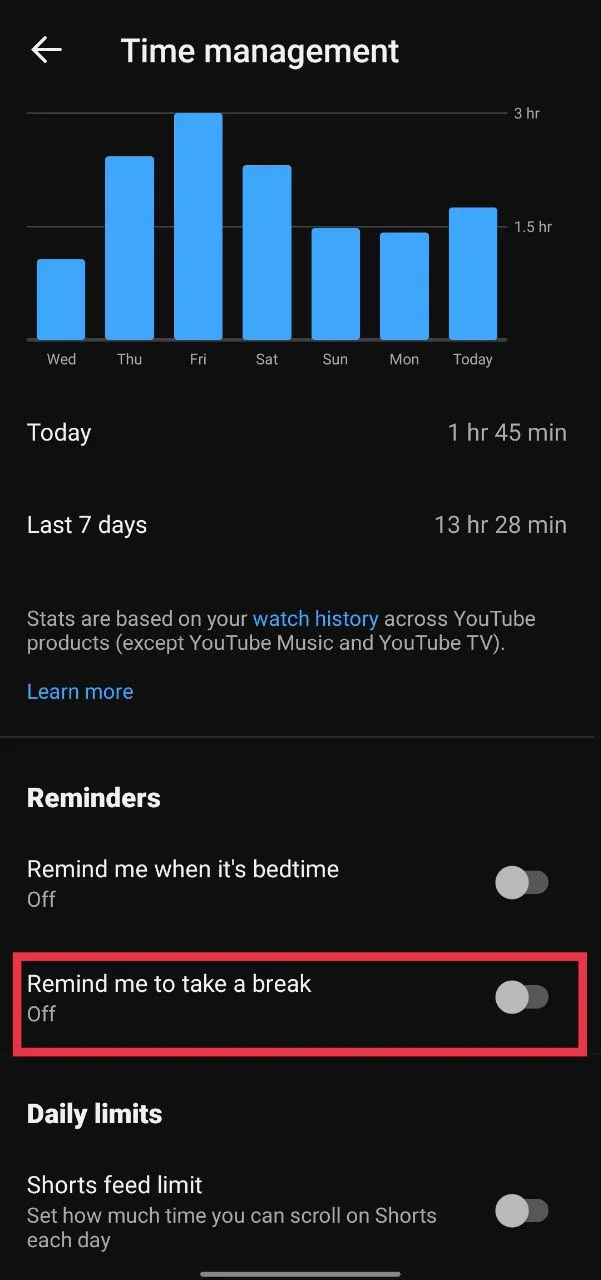 Turn off remind me to take a break option in YouTube app