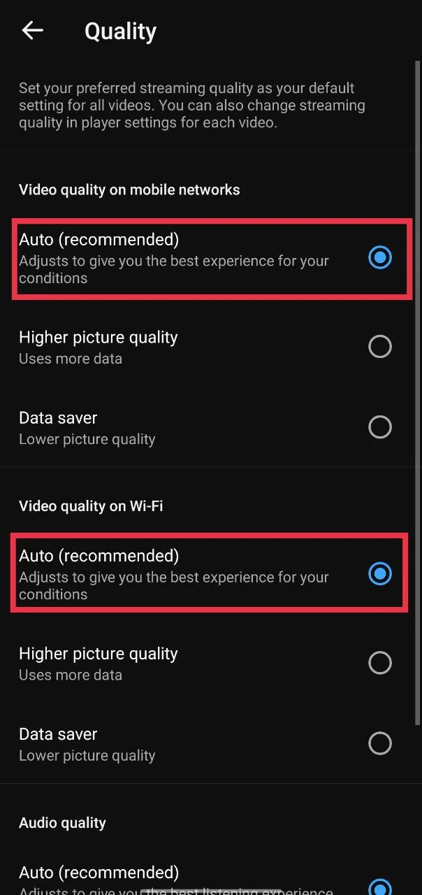 Set YouTube video quality to auto on mobile network and Wi Fi