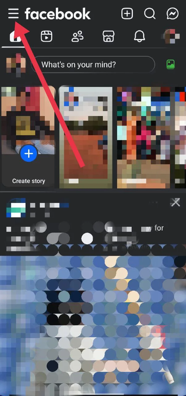 Facebook app home screen showing the menu button in the top left corner
