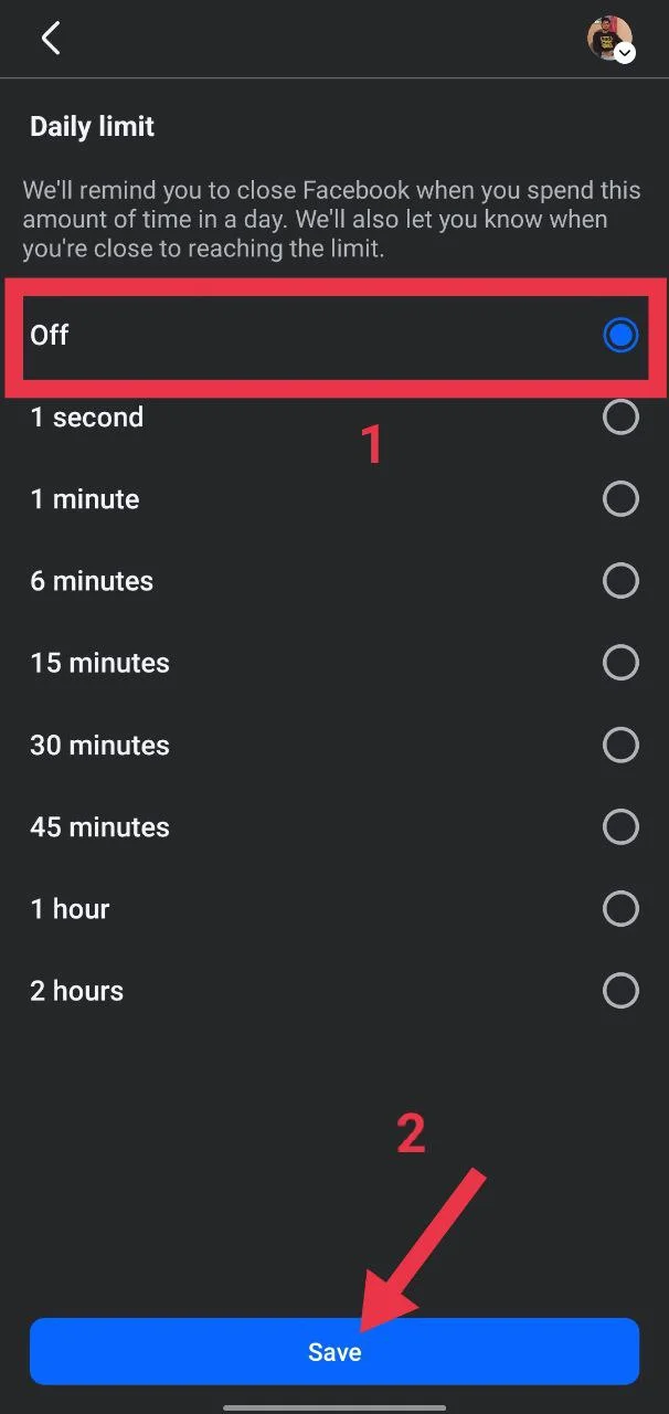 Facebook Daily limit setting turned Off with save option visible on screen