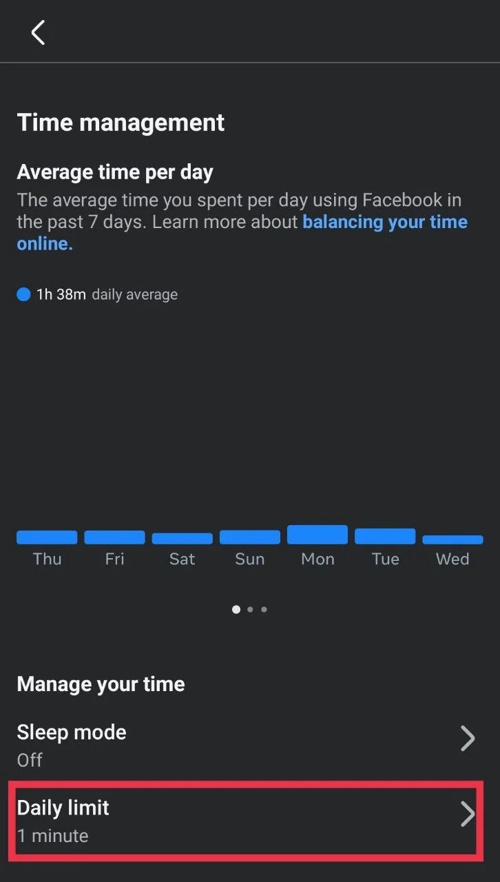 Facebook Time management screen with Daily limit option selected
