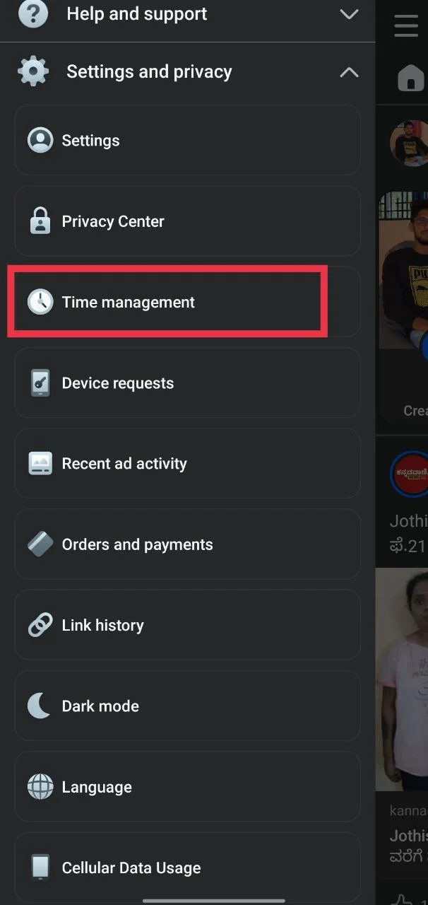 Facebook app Settings and privacy menu showing the Time management option