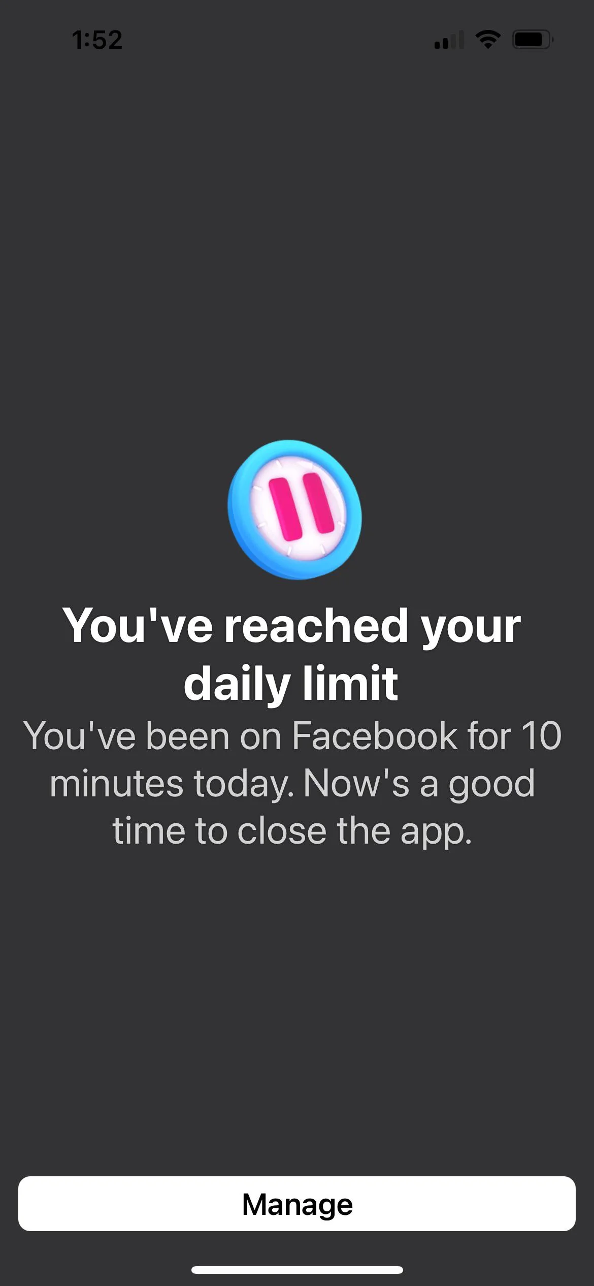 Facebook pop up error message saying you have reached your daily limit