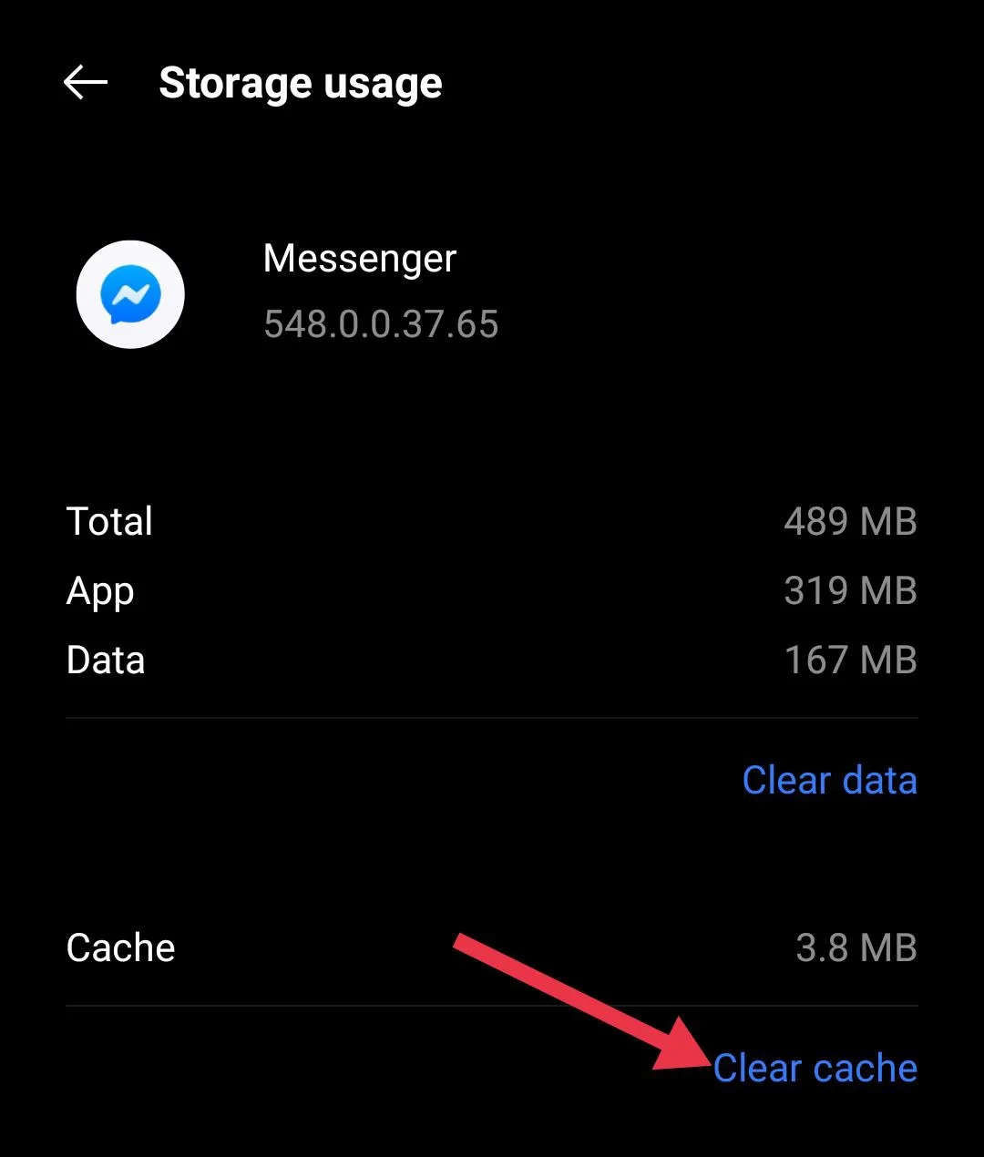Messenger app storage usage screen on Android with Clear Cache option