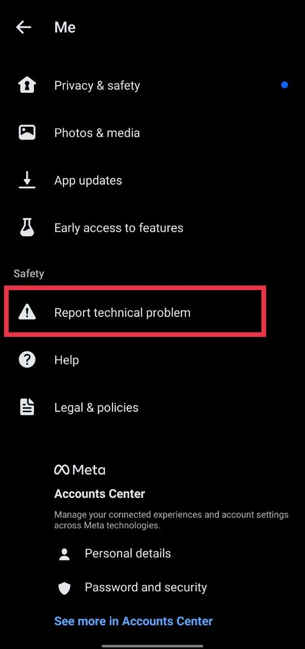 Messenger app Report Technical Problem option inside settings menu
