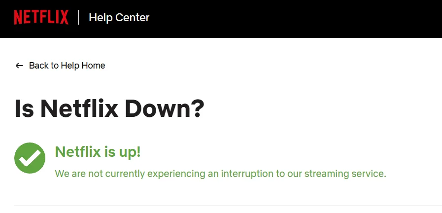 Netflix official server status page showing current service availability