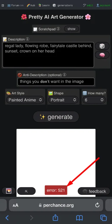 Screenshot showing Perchance AI Error Code 521
