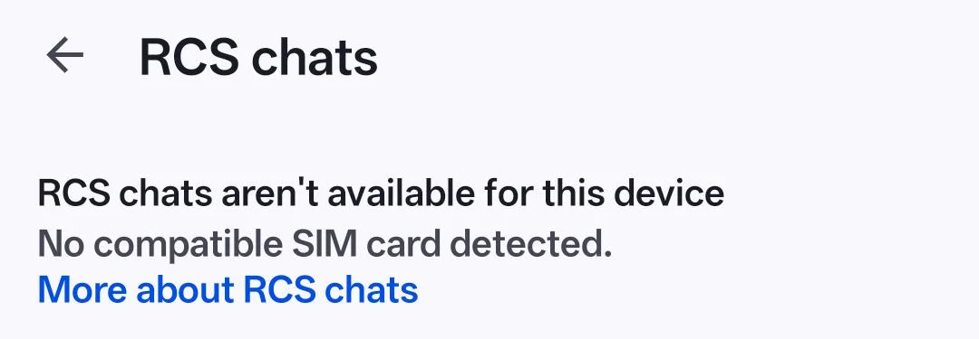 Screenshot showing “RCS chats are not supported by your device” error message in Google Messages app