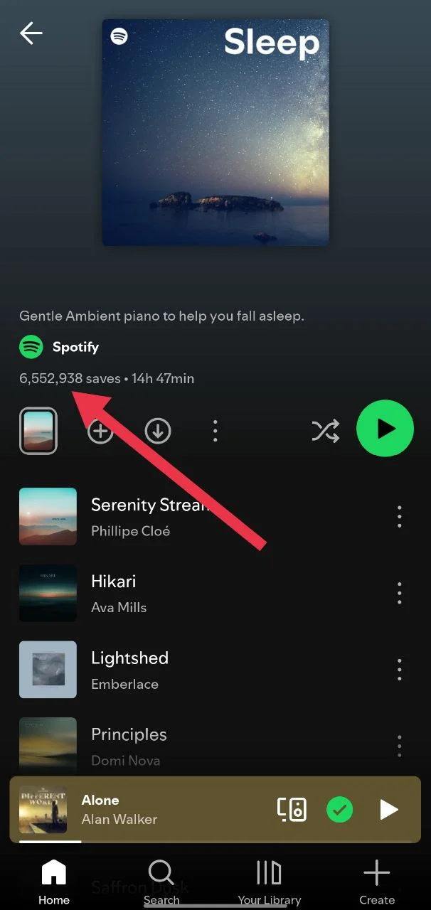 Spotify app playlist page showing the total number of saves or likes displayed under the username and playlist title