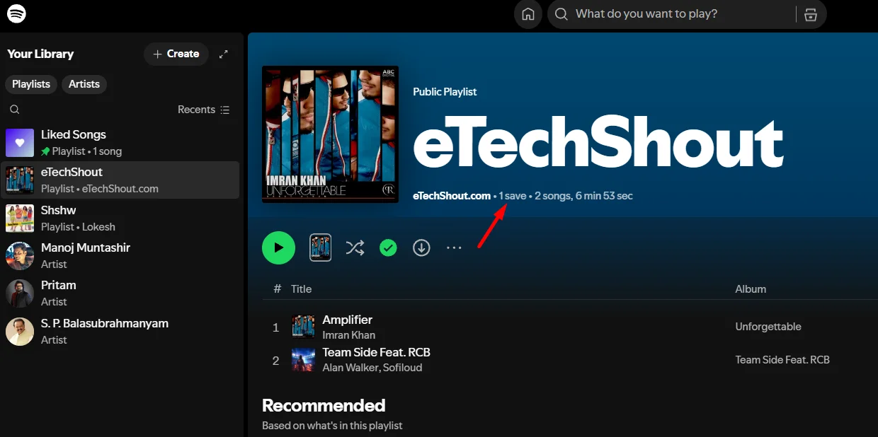 Spotify website playlist page displaying the total number of saves which represents the total likes on the playlist